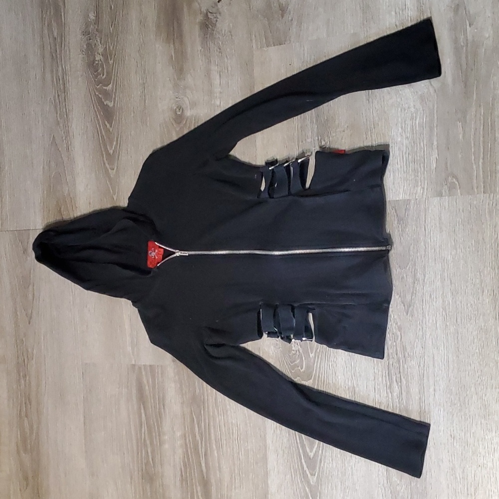 Royal Bones Black Zip-Up Hooded Sweatshirt with Side Buckle Details